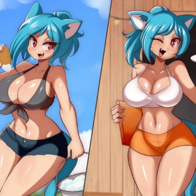 cartoon network, hooters, the amazing world of gumball, nicole watterson, nicole watterson (human), lucyfercomic, big breasts, blue hair, cat ears, cat tail, catgirl, cleavage, hooters uniform, milf, red eyes