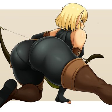 wakfu, evangelyne, jmg jellybean, 1girls, ass, ass focus, bare shoulders, big ass, big butt, blonde hair, boots, bow, female, green eyes, tight clothing