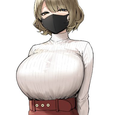 real person, emika muko, sky (freedom), 1girls, arms behind back, belt, blush, breasts, brown eyes, brown hair, clothed, clothing, eyebrows visible through hair, eyes visible through hair, face mask