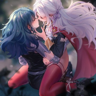 fire emblem, fire emblem: three houses, nintendo, byleth (fire emblem), byleth (fire emblem) (female), edelgard von hresvelg, san xun san ye, 2girls, after kiss, aiguillette, armor, black footwear, black jacket, blue hair, blurry