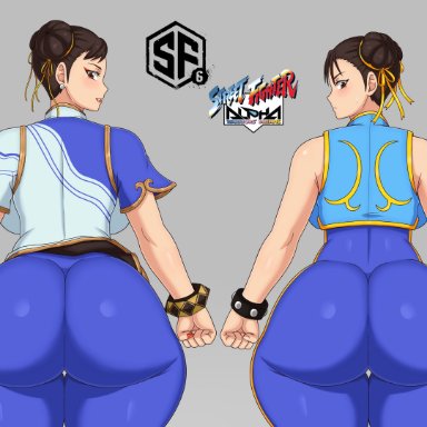 street fighter, street fighter 6, chun-li, oroz-kun, 2girls, ass, back view, big ass, big butt, brown hair, bubble ass, bubble butt, butt, curvy, dat ass