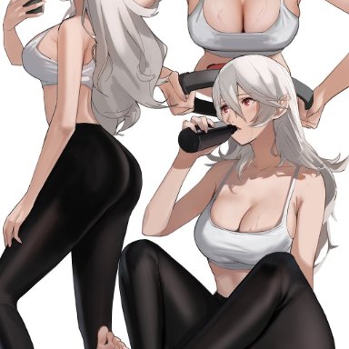 fire emblem, fire emblem fates, nintendo, corrin (fire emblem), corrin (fire emblem) (female), 1girls, ass, bangs, bare shoulders, black pants, breasts, cleavage, exercise, female, female only