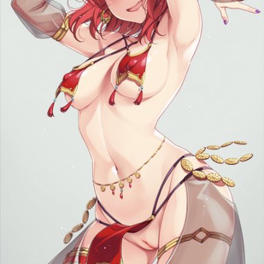 love live!, love live! school idol project, nishikino maki, ikeda yasuhiro, 1girls, arabian clothes, armpits, arms up, bangs, belly chain, belly dancer, belly dancer outfit, black gloves, blush, breast curtains