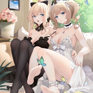 genshin impact, barbara (genshin impact), jean gunnhildr, heiyizhushenxia, 2girls, barefoot, black legwear, blonde hair, blue eyes, bow, breasts, butterfly, couch, dress, feet