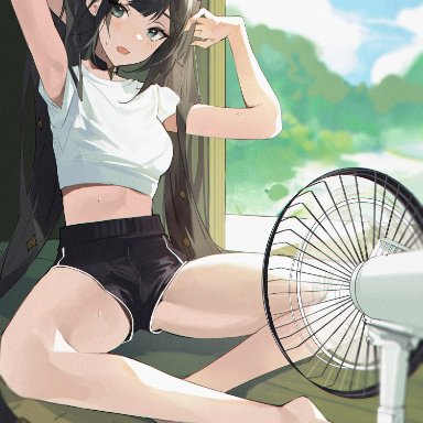 genshin impact, mona (genshin impact), retty2706, 1girls, alternate costume, armpit, arms up, bare arms, bare legs, barefoot, black hair, breasts, casual, choker, clothed