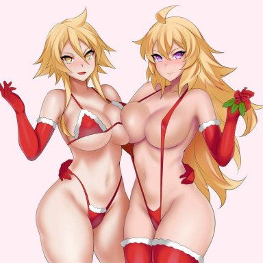 akame ga kill!, christmas, rwby, leone (akame ga kill!), yang xiao long, hevn, 2girls, ahoge, asymmetrical docking, bikini, blonde hair, breast press, breasts, christmas clothes, elbow gloves