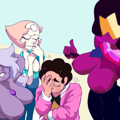 cartoon network, steven universe, amethyst (steven universe), garnet (steven universe), gem (species), gem fusion, pearl (steven universe), steven quartz universe, inker comics, 1boy, 1boy3girls, 3girls, 3girls1boy, afro, amethyst (gem)