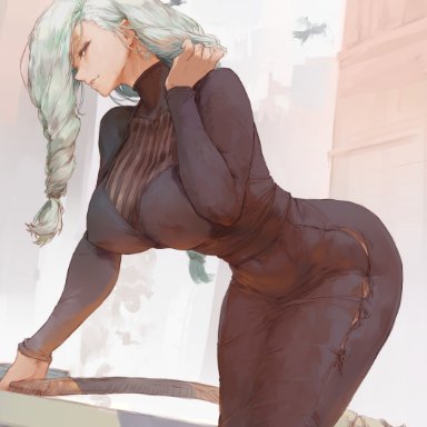 jujutsu kaisen, mei mei (jujutsu kaisen), cutesexyrobutts, 1girls, ass, asymmetrical hair, bending over, breasts, clothed, clothed female, dress, female, female only, hips, huge breasts