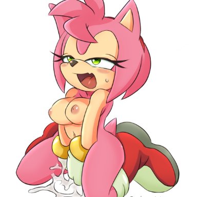 sonic (series), sonic the hedgehog (series), amy rose, coolblue, roundpeach, 1girls, ahe gao, big breasts, blush, boots, bracelet, breasts, clothing, completely nude, excessive pussy juice