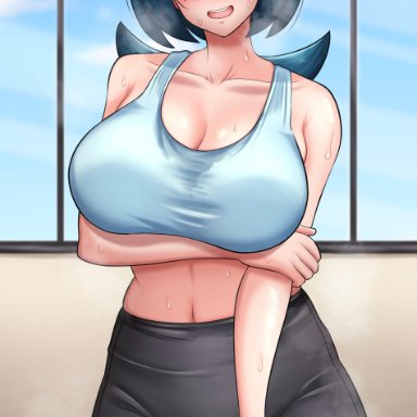 nintendo, pokemon, pokemon ss, lana's mother (pokemon), kiteman (artist), 1girls, blue hair, blush, breasts, closed eyes, embarrassed, female, female only, freckles, hair ornament