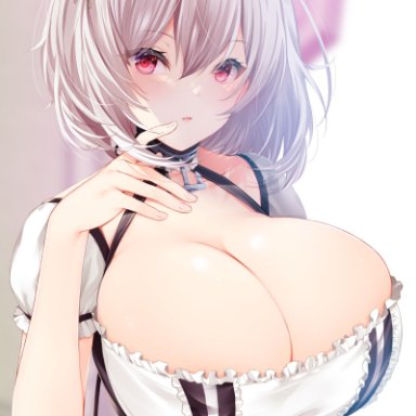azur lane, sirius (azur lane), artist request, 1girls, blurry background, breasts, cleavage, hair ornament, huge breasts, large breasts, looking at viewer, maid, no bra, red eyes, short hair