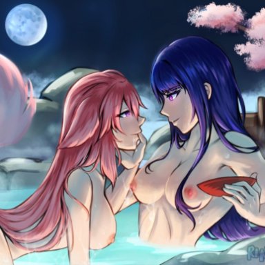 genshin impact, raiden shogun, yae miko, 2girls, bathhouse, bathing, breast grab, crawling, female, female only, fox, fox ears, fox girl, fox tail, full moon