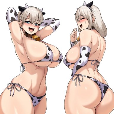 uzaki-chan wa asobitai!, uzaki hana, uzaki tsuki, jmg jellybean, arms behind head, arms up, belly button, big ass, big breasts, blue eyes, closed eyes, college student, cow armwear, cow bell collar, cow bikini