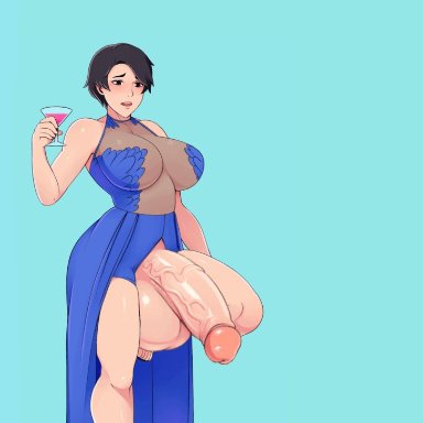 belka dog, cuccoking, 1futa, ball expansion, ball growth, balls, big balls, big breasts, breast expansion, breasts, clothed, clothing, cum, cumshot, dickgirl