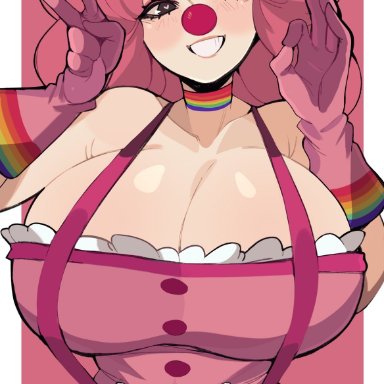 gyakuten saiban, geiru toneido, yoshiikirablr, 1girls, big breasts, blush, breasts, choker, cleavage, clothed, clothing, clown nose, dress, female, female only