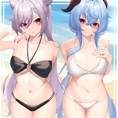 genshin impact, ganyu (genshin impact), keqing (genshin impact), shirafuji ene, 2girls, :o, arm behind back, bamboo shoot bun, bangs, beach, bikini, black bikini, blue hair, blush, braid