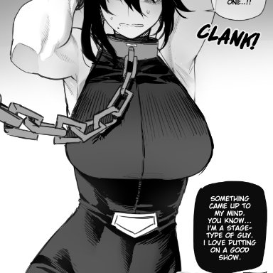 my hero academia, nana shimura, ratatatat74, 1girls, bondage, bound, female, female only, femsub, large breasts, muscular, muscular female, solo, greyscale