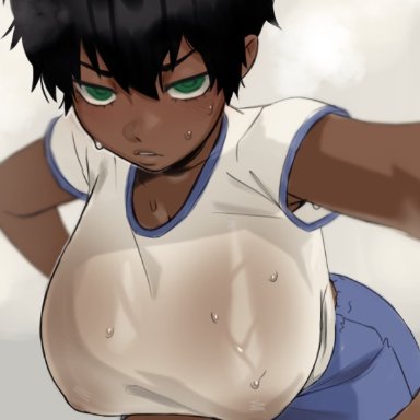 character request, oc, original character, sandcavern, after workout, arched back, armpits, big breasts, breasts, dark-skinned female, dark hair, dark skin, green eyes, huge breasts, large breasts