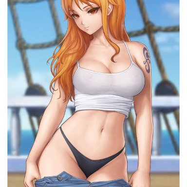 one piece, nami, flowerxl, big breasts, breasts, jeans, lowered pants, nipples, nipples visible through clothing, orange hair, panties, pirate, see-through clothing, see-through top, tattoo