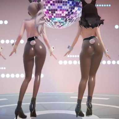 pac-man ghost dance (minus8), rwby, blake belladonna, ruby rose, weiss schnee, yang xiao long, jic jic, rwbymmd, 4females, 4girls, amber eyes, areola, arm cuffs, ass, ass dance