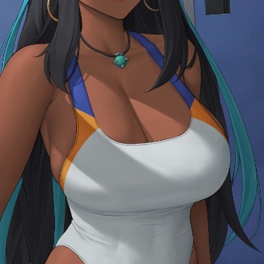 nintendo, pokemon, pokemon ss, gym leader, nessa (pokemon), zaphn, 1girls, black hair, blue eyes, breasts, brown skin, competition swimsuit, dark-skinned female, dark skin, female