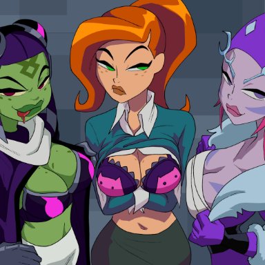 ben 10, ben 10 omniverse, attea, ester, ester (ben 10), gwen tennyson, inkershike, 3girls, alien, alien girl, bangs, big breasts, bodypaint, bra, breast comparison