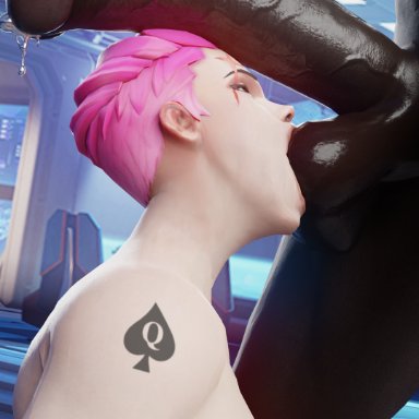 overwatch, zarya, blackedr34, 1boy, 1girl1boy, 1girls, balls, big penis, breasts, dark-skinned male, female, huge cock, indoors, interracial, light-skinned female