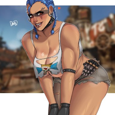 overwatch, junker queen, stretchnsin, 1girls, black nails, blue hair, breasts, dark-skinned female, earrings, female, female focus, female only, fingerless gloves, fishnet, fit