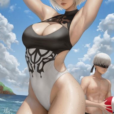 nier, nier: automata, nier (series), yorha 2b, yorha 9s, sciamano240, 1boy, 1girls, abs, android, android boy, android girl, armpits, arms behind head, arms up