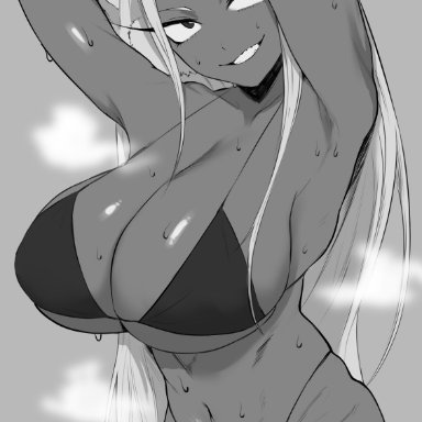 my hero academia, miruko, rumi usagiyama, caevery, 1girls, animal ears, armpits, arms up, bangs, big breasts, bikini, boots, breasts, busty, dark-skinned female