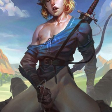 breath of the wild, the legend of zelda, link, sabu (sabudenego), 2boys, androgynous, blonde hair, blue tunic, bottomless, bow (weapon), closed eyes, cowgirl position, cum, ejaculation, femboy