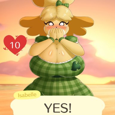 animal crossing, isabelle (animal crossing), gammainks, big breasts, breasts, crying, crying with eyes open, female, mob face, proposal, tears, tears of joy, wholesome, tagme