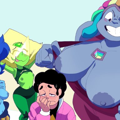 steven universe, bismuth (steven universe), lapis lazuli (steven universe), peridot (steven universe), steven quartz universe, inker comics, 1boy, 3girls, big breasts, blue skin, blush, breasts, breasts out, clothing, female