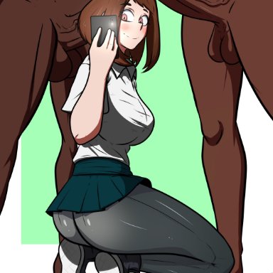 my hero academia, ochako uraraka, microchip (artist), 1girls, 2boys, ass, belly, big breasts, big testicles, black penis, blush, breasts, brown hair, covered breasts, dark-skinned male