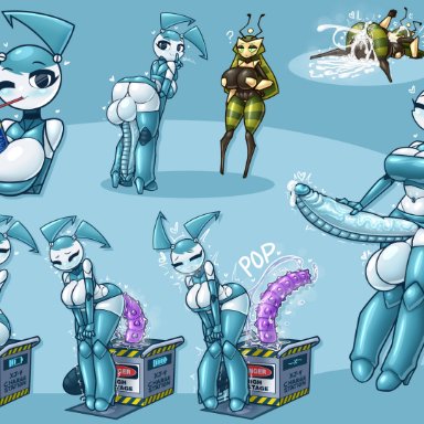 my life as a teenage robot, jenny wakeman, vexus, xj-9, limebreaker, 1futa, 1girls, after sex, after vaginal, ambiguous penetration, balls, big balls, big breasts, big penis, blue background