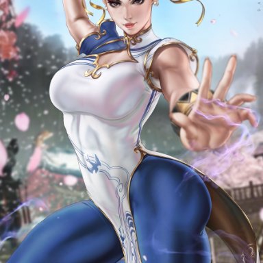 capcom, street fighter, street fighter 6, chun-li, dandon fuga, 1girl, bangle, big ass, big breasts, black eyes, black footwear, blue pants, blue sky, boob window, bracelet