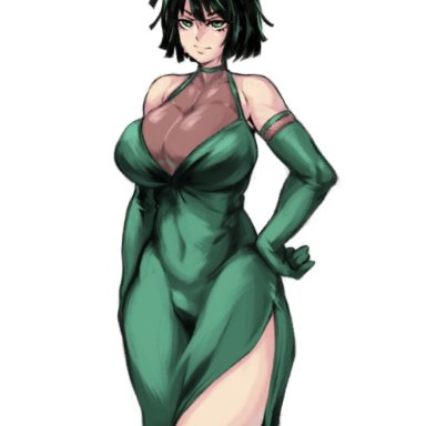 one-punch man, fubuki (one-punch man), kelvin hiu, 1girls, bare shoulders, belly, belly button, big breasts, bob cut, breast squeeze, breasts, busty, cameltoe, choker, cleavage