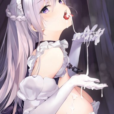 azur lane, belfast (azur lane), aimee (emi), 1girls, after oral, after sex, big breasts, blush, breasts, chains, clothed female, clothing, collar, cum, cum in mouth