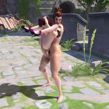 overwatch, brigitte, brigitte lindholm, d.va, moogan, 1futa, 1girls, asian, big balls, big penis, female, full nelson, futa on female, futanari, human