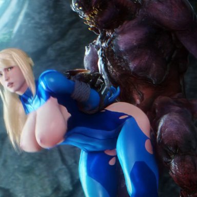 metroid, samus aran, zero suit samus, noname55, 1boy, 1girls, ahegao, areolae, blonde hair, bouncing breasts, breasts, female, forced, from behind, hands behind back