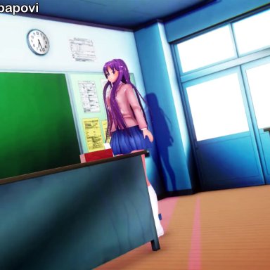 doki doki literature club, yuri (doki doki literature club), imbapovi, missmoonified, 1girl, areolae slip, blackboard, bra, breast expansion, breasts, breasts out, bursting breasts, button down shirt, button pop, classroom