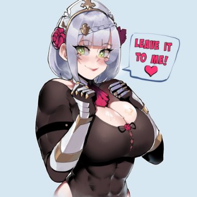 genshin impact, noelle (genshin impact), thiccwithaq, 1girls, abs, big breasts, blush, cleavage, female, female only, green eyes, grey hair, large breasts, looking at viewer, muscular