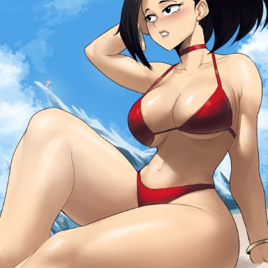 my hero academia, momo yaoyorozu, echosaber, 1girls, asymmetrical hair, beach, bikini, black hair, blush, breasts, female, hips, large breasts, outdoors, ponytail