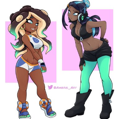 nintendo, pokemon, pokemon ss, splatoon, marina (splatoon), nessa (pokemon), ambris, 2girls, bare midriff, big breasts, blue eyes, boots, breasts, cleavage, earrings