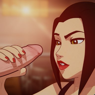 avatar the last airbender, azula, burrito man, asian, asian female, bare shoulders, grabbing penis, gym, gym clothes, imminent fellatio, imminent oral, imminent sex, kneeling, kneeling oral position, long hair