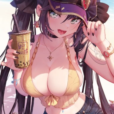 genshin impact, mona (genshin impact), mitsu art, 1girls, alternate breast size, beach, black hair, booty shorts, breasts, cleavage, drink, female, female only, green eyes, hat