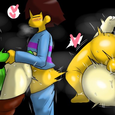 undertale, chara, frisk, enigi09, 1boy, 1girls, black background, breasts, brown hair, dominant male, from behind position, mating press, rosy cheeks, straight, 2022