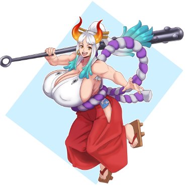 one piece, yamato (one piece), sunnysundown, big ass, big breasts, big butt, fit, fit female, geta, hakama, horns, muscular, muscular female, white background, white hair