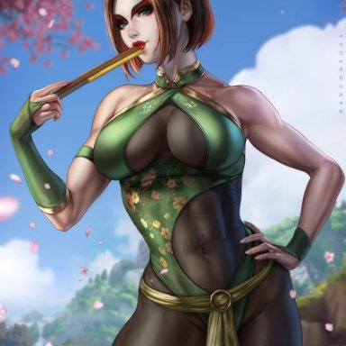 avatar the last airbender, suki, dandon fuga, abs, big breasts, blue eyes, brown hair, clothed, facepaint, fit, fit female, looking at viewer, makeup, smile, toned female