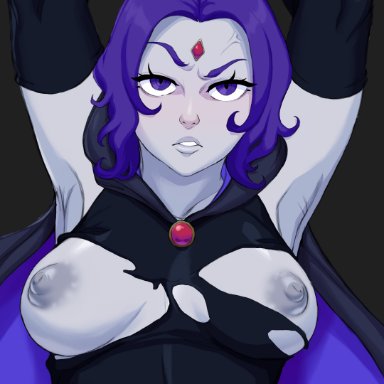 dc, dc comics, teen titans, rachel roth, raven, galactic overlord, angry, arms up, big breasts, cape, forehead jewel, gray skin, purple eyes, purple hair, ripped clothes